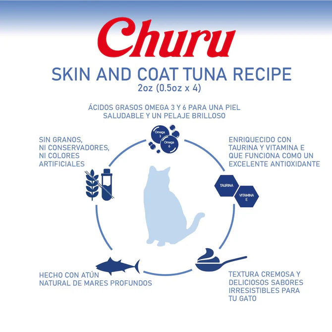 Inaba Churu Skin & Coat Atún-Snack Premio Cremoso para Gatos - 4 tubos de 14g cu
