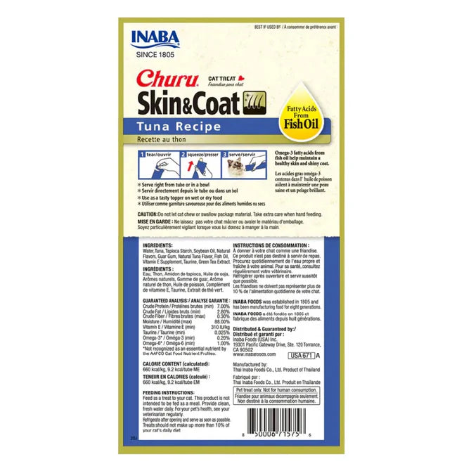 Inaba Churu Skin & Coat Atún-Snack Premio Cremoso para Gatos - 4 tubos de 14g cu