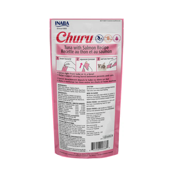 Inaba Churu Sabor Atún y Salmón, Snack Premio Cremoso para Gatos - 4 tubos 14g cu