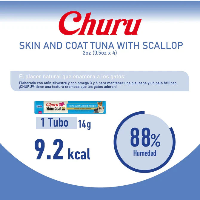 Inaba Churu Skin&Coat Atún y Vieira- Snack Premio Cremoso para Gatos - 4 tubos de 14g cu