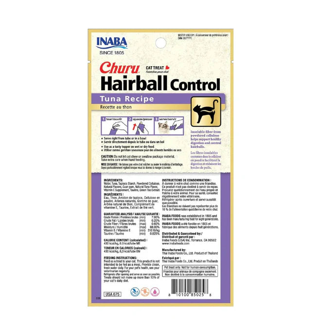 Inaba Churu Hairball- Snack Premio Cremoso para Gatos - 4 tubos de 14g cu