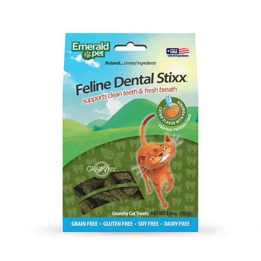 Premios Para Gatos Dental Stixx Emerald Pet - Sin Granos - Sabor Catnip y Calabaza 3.6 oz.
